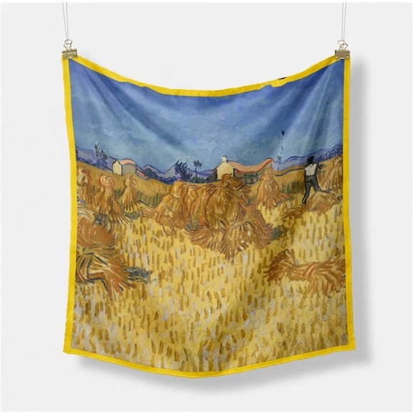VAN Gogh oil painting series ‘Wheat Field Harvest’ on square silk scarf - Picture 1 of 5